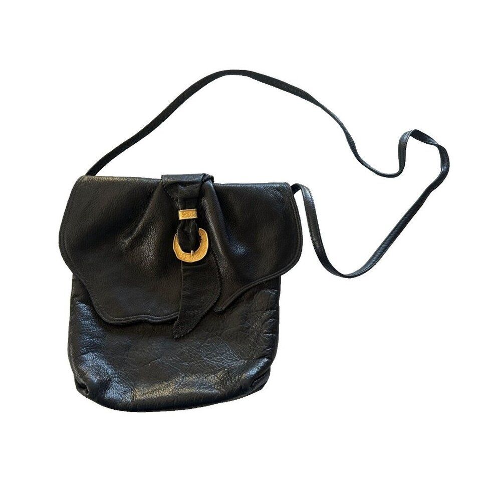Carlos Falchi Black Leather Flap Crossbody Purse with Gold Detailing Boho Hippie
